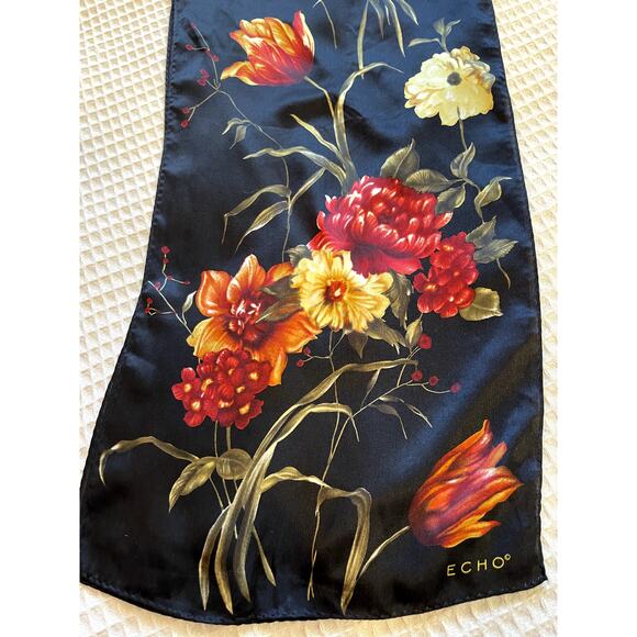 ECHO Black W/ Orange & Red Floral Print Silk Cottage Core Style Long Scarf - Picture 8 of 8